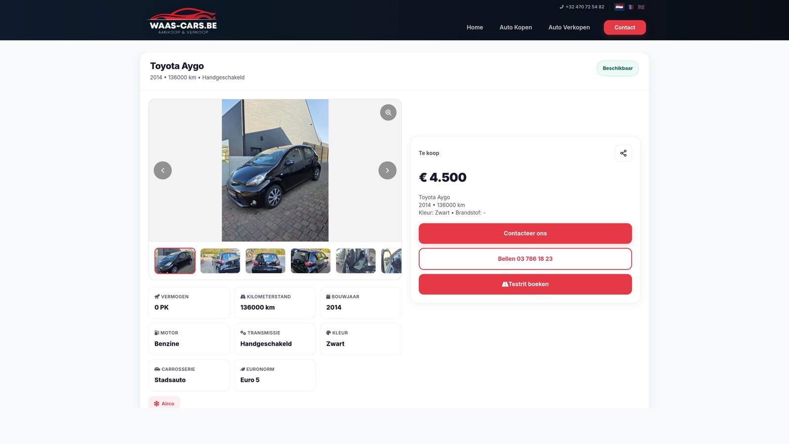 Page détail d'une voiture d'occasion — Toyota Aygo à 4500€ avec spécifications, prête pour la facturation B2B via Peppol