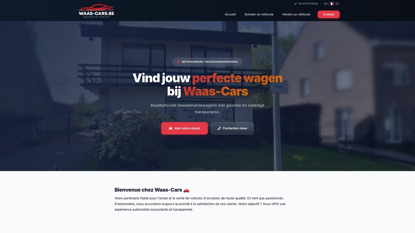 Example of a professional car dealer website in Belgium — Waas-Cars homepage with vehicle search and clear call-to-action